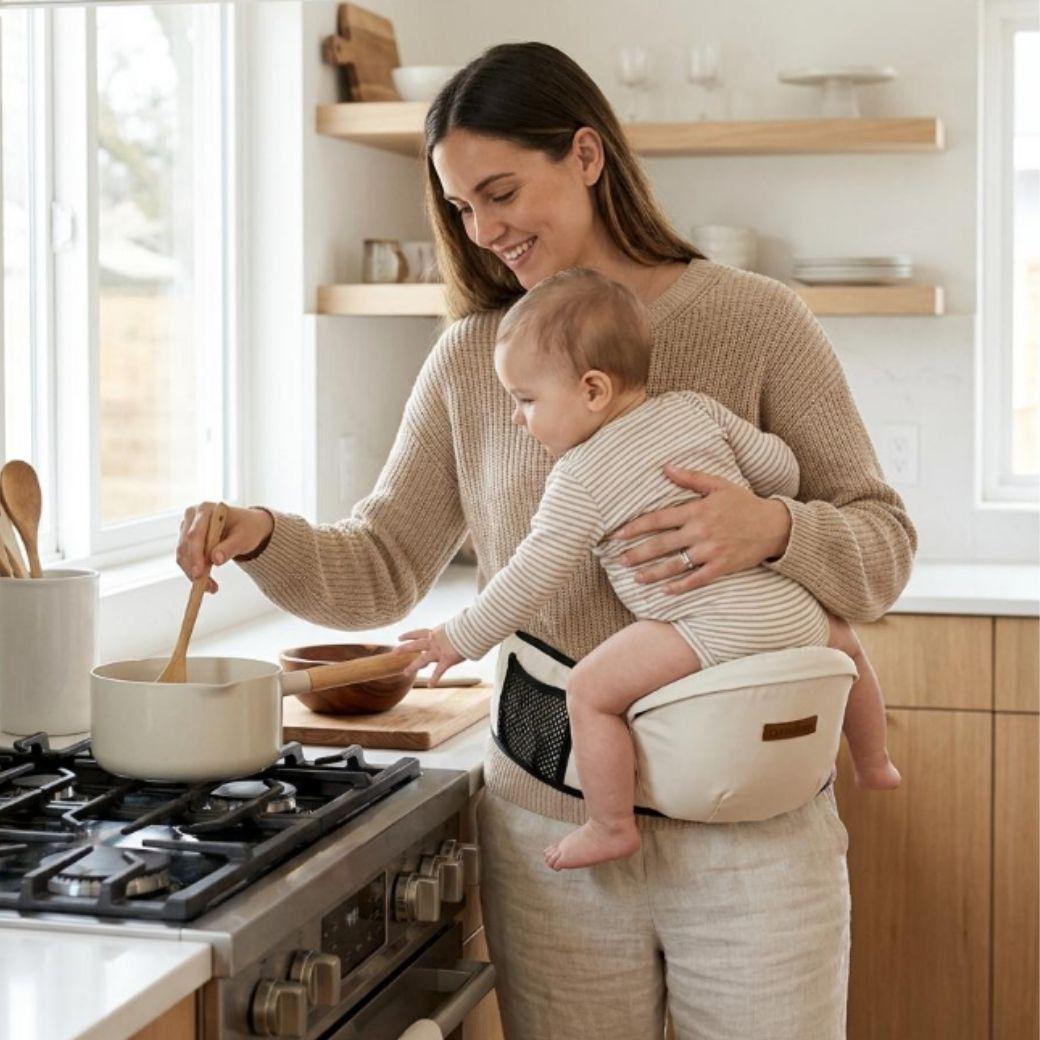 A mother wearing the Evora Haven Hip Carrier while cooking in her kitchen