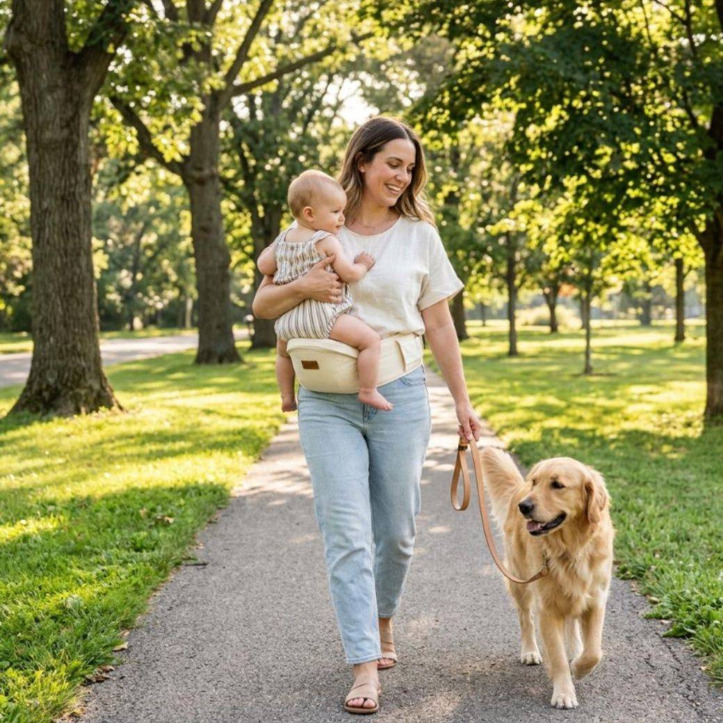 A mother walking outside carrying her baby in an Evora Haven hip carrier, with her dog on a leash