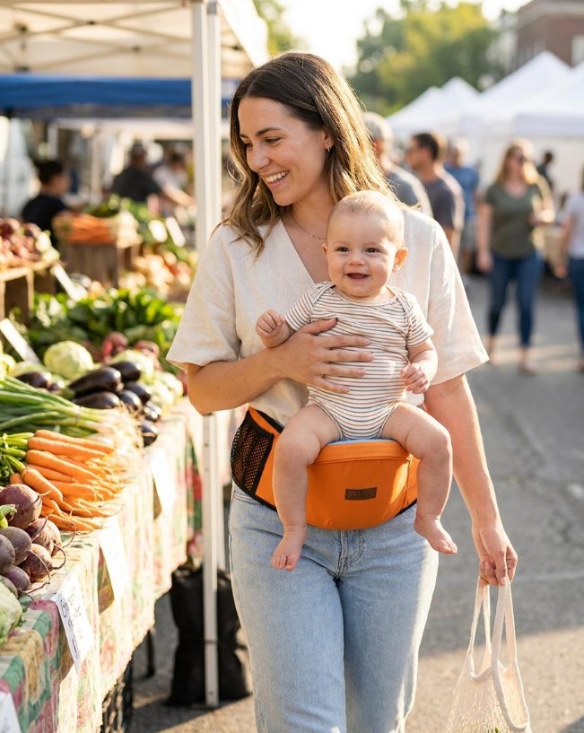 A mother carrying her baby with the Evora Haven Hip Carrier at a farmers market